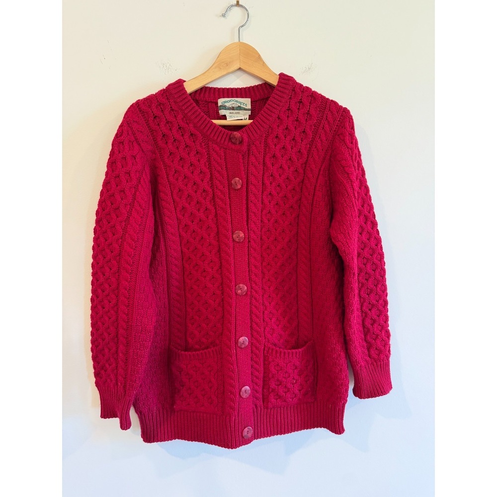 Arancrafts 100% Merino Wool Cardigan Women Medium Maroon Ireland Cable Knit